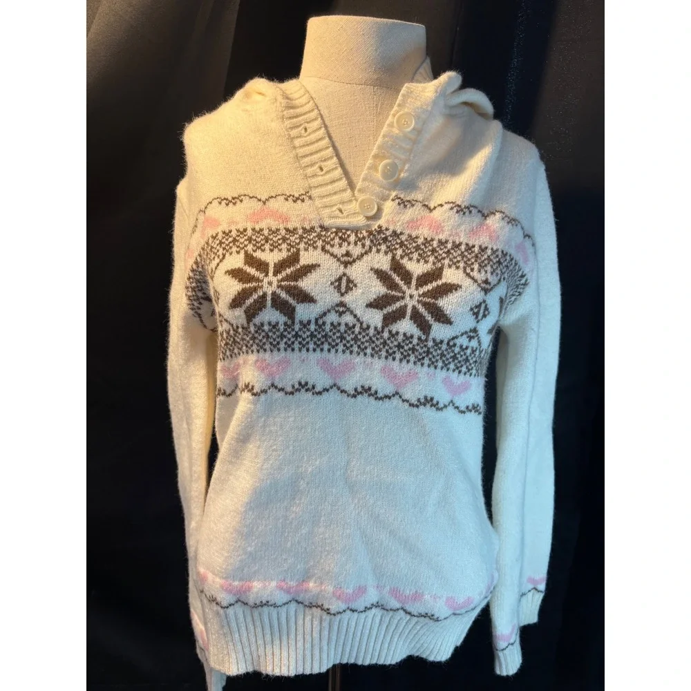 SHEIN Cream Fair Isle Hooded Sweater Snowflake Heart Henley Pullover Small